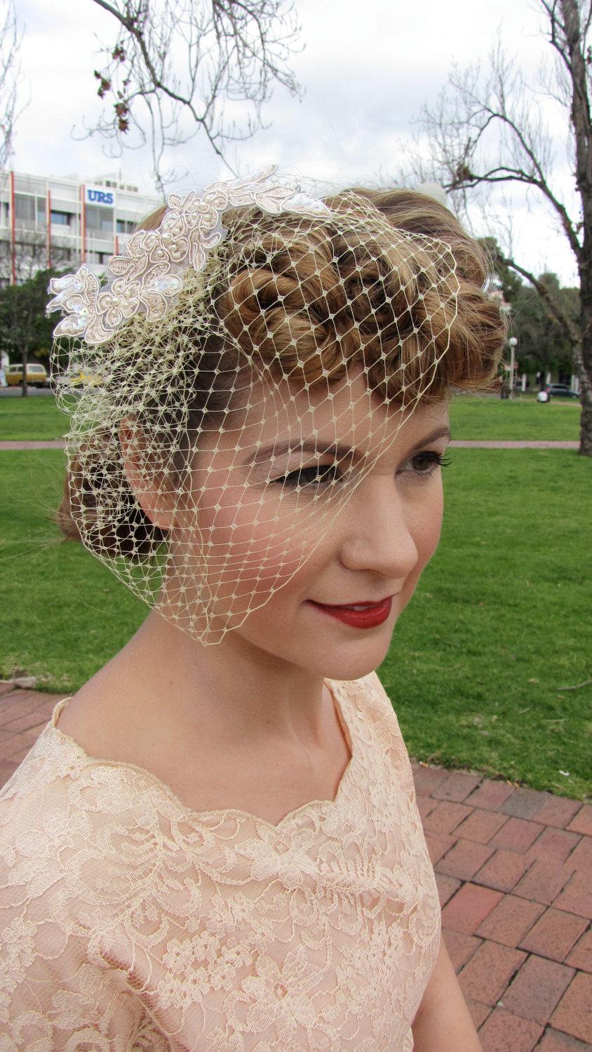 Wedding - Vintage Inspired Birdcage veil with Beaded Applique