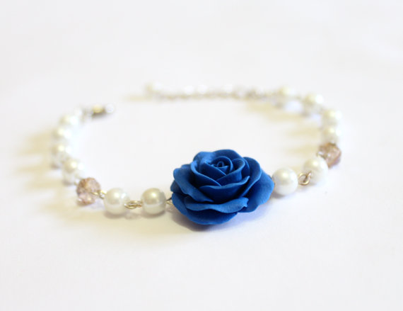 Mariage - Royal Blue Rose and Pearls Bracelet, Bracelet , Blue Bridesmaid Jewelry, Rose Jewelry, Summer Jewelry, Bridal Flowers, Bridesmaid Bracelet