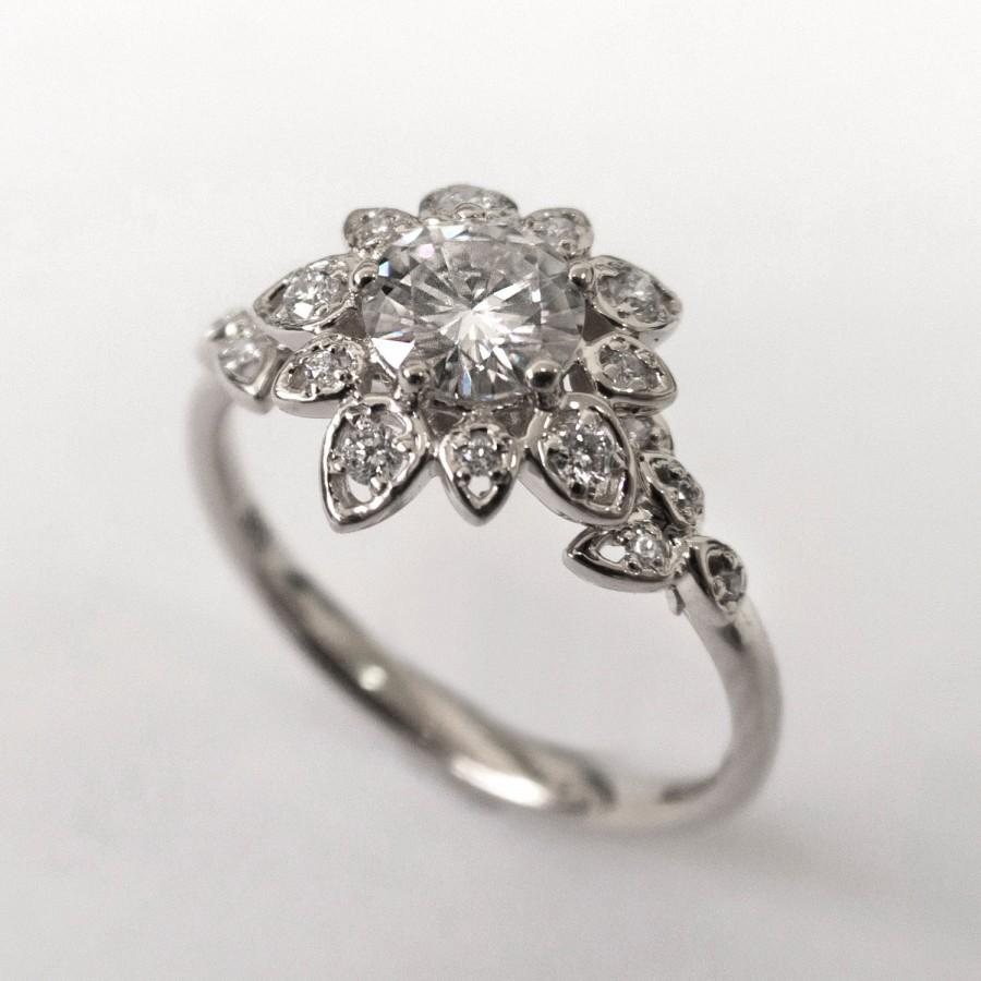 Wedding - Moissanite Art Deco Petal Ring No.2B - 14K White Gold and Moissanite engagement ring, leaf ring, flower ring, forever brilliant, forever one
