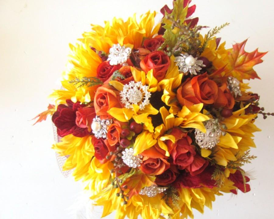 Wedding - Silk Flowers Fall Wedding Bouquet, Sunflowers, Orange Roses, Autumn Leaves, Brooch Rustic Barn Wedding Flowers Package