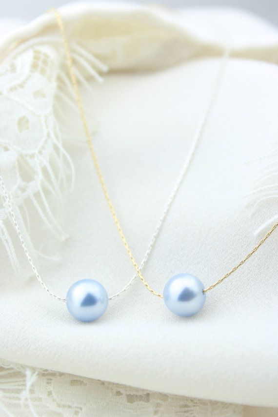 Wedding - Light Blue Single Pearl Necklace On Sterling Silver Chain - Floating Pearl - Bridesmaid Gift - Gold - Periwinkle - Powder Blue - Baby Blue