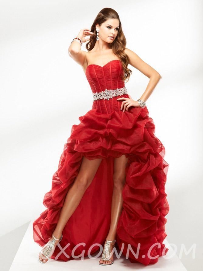 زفاف - Roten Tüll schulterfreies Sweetheart Prom Kleid mit hohen und niedrigen Rock - Festliche Kleider 