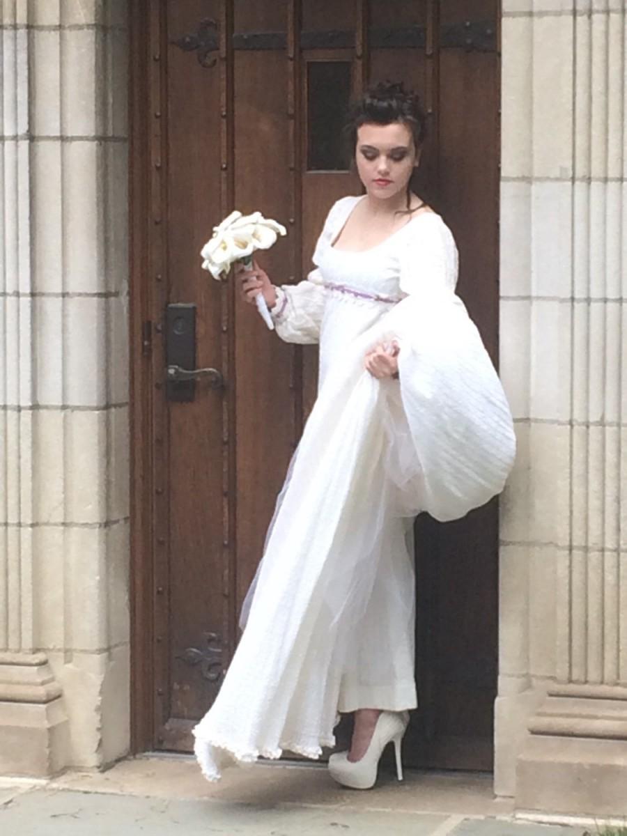 Свадьба - Romantic Wedding Dress Long Sleeve Wedding Dress Antique Wedding Dress Gathered Sleeves Empire Waist Lace Handmade Gown W//removable train