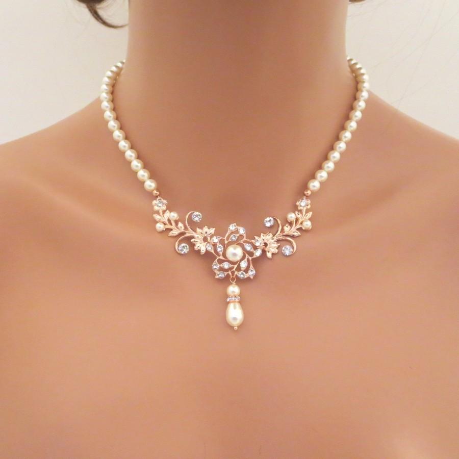 زفاف - Rose Gold Bridal necklace, Pearl Wedding necklace, Wedding jewelry, Vintage style necklace, Swarovski crystal necklace, Rhinestone AVA
