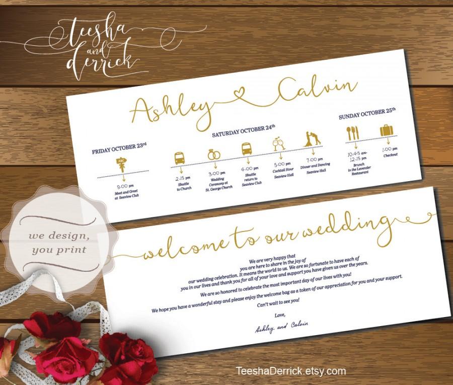 زفاف - Printable Wedding Timeline card design (t0168), Wedding Itineraries, with welcome note for Welcome Bags  in typography theme.