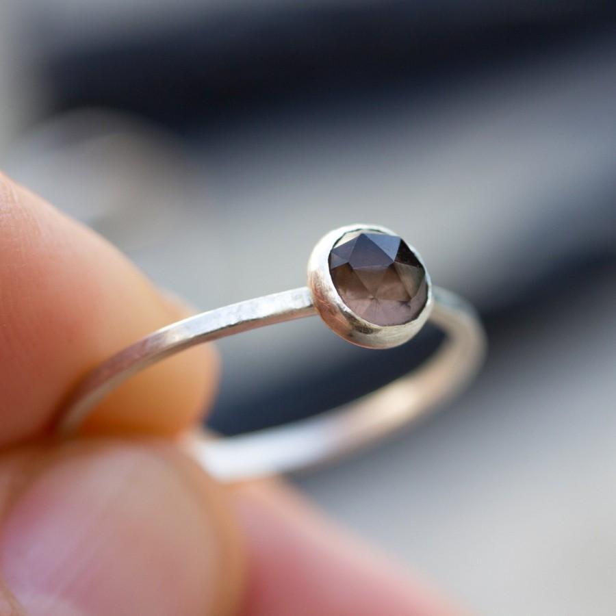زفاف - Smoky - Simple silver solitaire ring with Smoky Quartz faceted gemstone