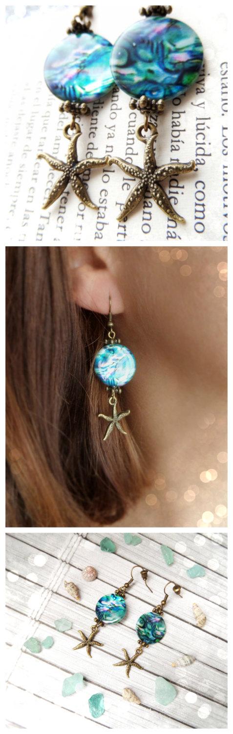 زفاف - Abalone Earrings with Starfish, Mermaids Earrings, Starfish Jewelry, Mermaid Party Favors, Starfish Earrings, Abalon Ocean Earrings Seashell