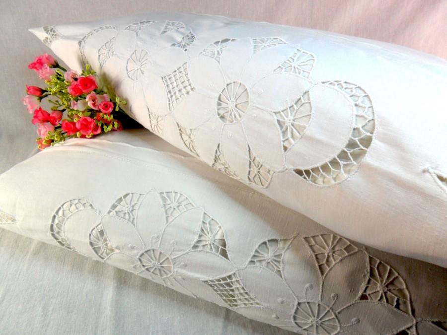 Wedding - Antique embroidered cotton pillowcase  Hand embroidered Cutwork lace pillowcase Bedroom decor linen Bed linen Shabby chic Cottage style 