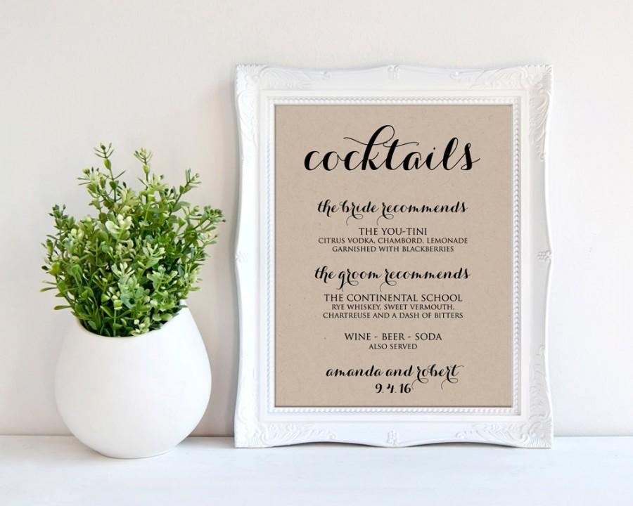 Mariage - Signature Cocktail Sign, Wedding Drink Menu, Printable Signature Cocktail Sign, Editable Cocktail Sign, Drink Menu, Wedding Cocktails, WBWD3