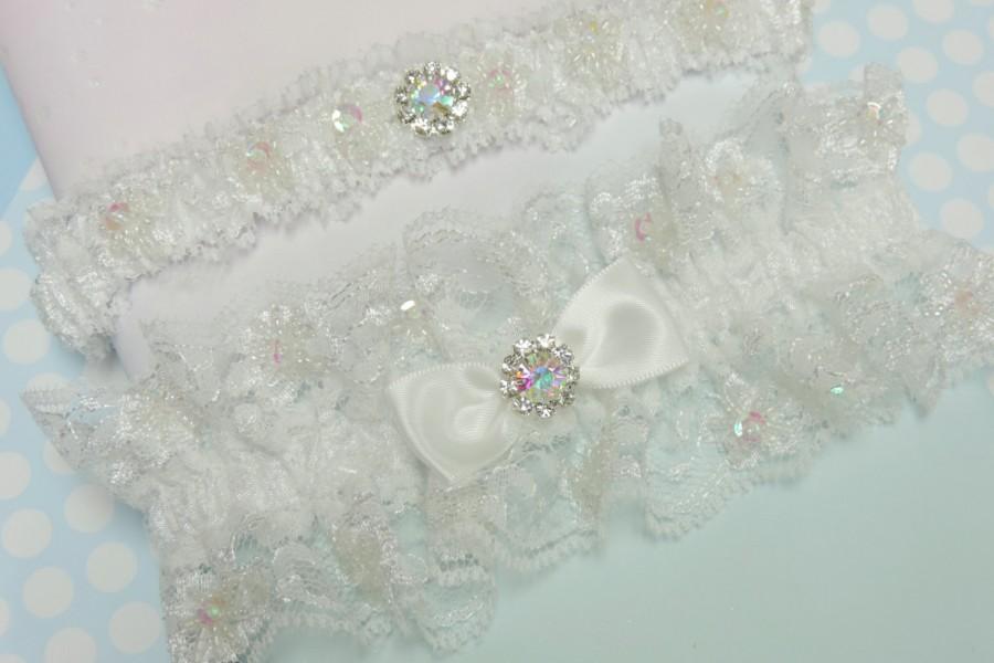 Mariage - Iridescent Wedding Garter Set,  White Wedding Garter Set,  Wedding Garters