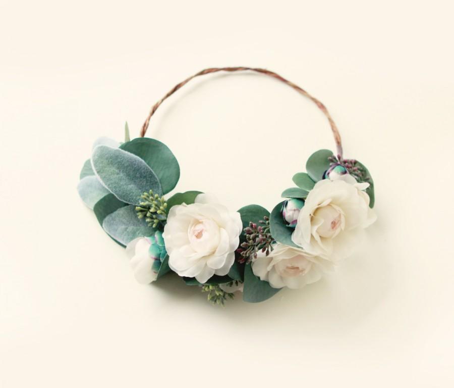 Wedding - Leafy flower hair wreath, Green and ivory bridal crown, Peony circlet, Bridal hair wreath, Whimsical wedding accessory, Ivory rose crown