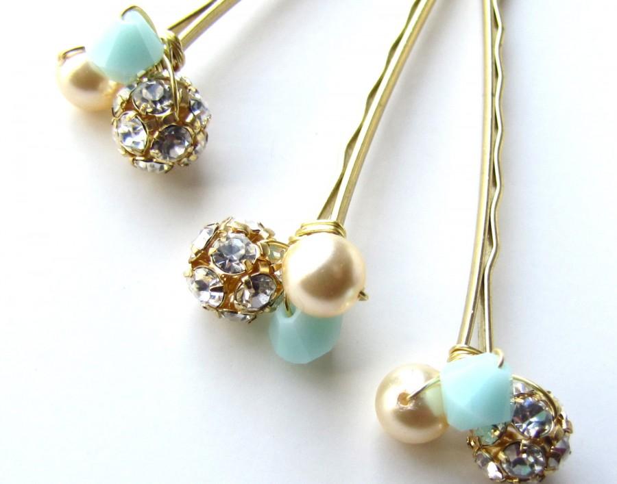Свадьба - Mint and Gold Hair Pins, Mint Green Wedding, Glitz and Shimmer