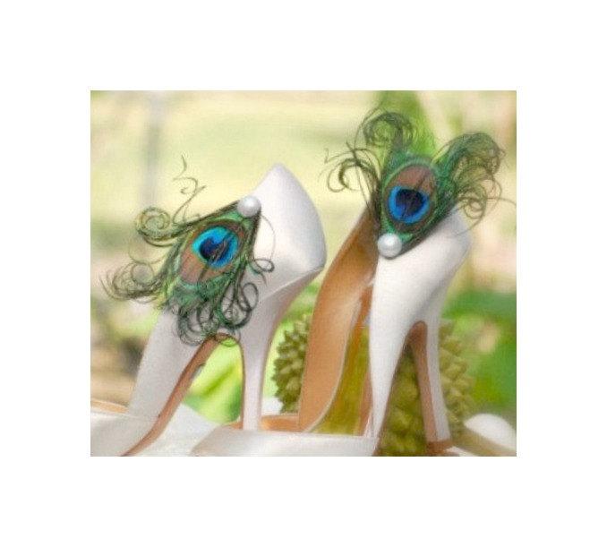 Свадьба - Shoe Clips Pearl & Iridescent Peacock. Derby Statement Stylish Couture Sho Clip, Emerald Teal Green Aqua Bleu, Bride Bridal Elegant Fun Gift