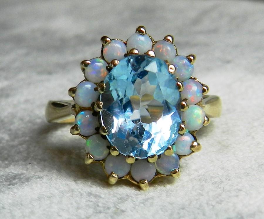 زفاف - Reserved for L, 1st of 3 payments, Opal Engagement Ring Blue Topaz Ring Genuine Opal Ring Unique Engagement October Birthstone Opal Ring