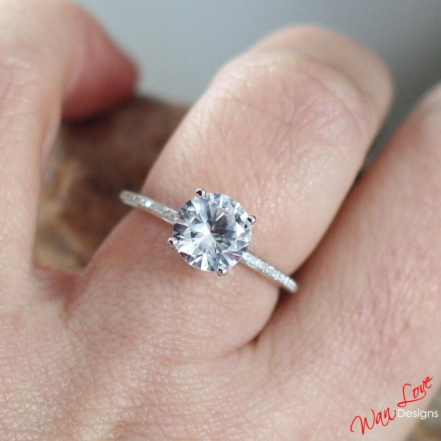 Wedding - White Sapphire & Diamond Engagement Ring Basket Solitaire Round 2ct 8mm 14k 18k White Yellow Rose Gold Platinum Custom Wedding Anniversary