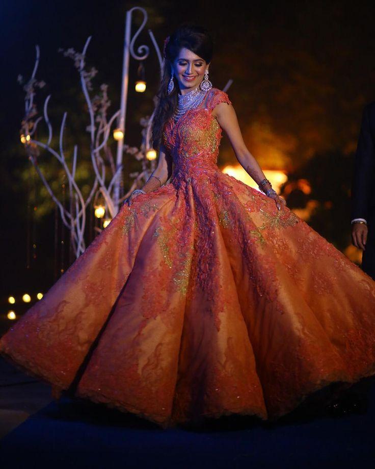 زفاف - WeddingSutra.com On Instagram: “Meghnit Has Her Cinderella Moment In An Orange Embroidered @solteebysulakshanamonga Gown Teamed With Diamond Jewellery. Share Your…”