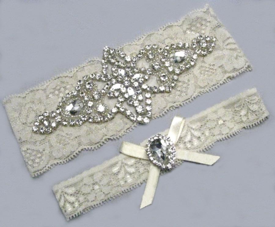 Hochzeit - Wedding Garters, Something Blue, Ivory / White Lace Keepsake / Toss Bridal Garter Set, Crystal Rhinestone Custom Garter, Petite to Plus Size