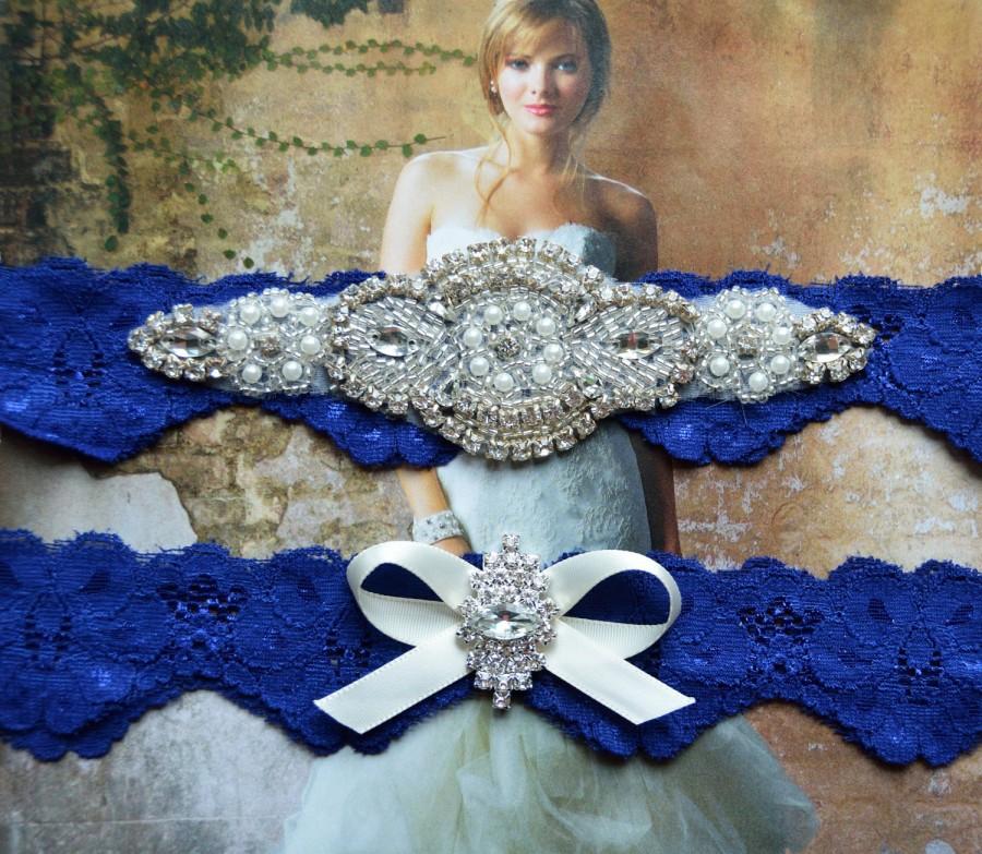 زفاف - Wedding Garter Set, Bridal Garter Set, Something Blue, Royal Blue Lace Garter, Violet Style 10355