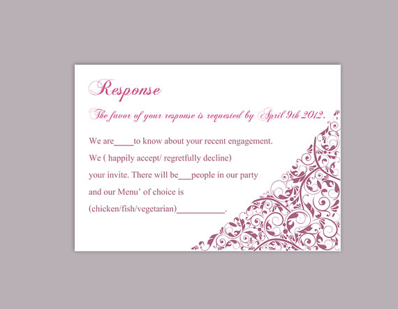 Hochzeit - DIY Wedding RSVP Template Editable Text Word File Download Rsvp Template Printable RSVP Cards Purple Eggplant Rsvp Card Elegant Rsvp Card