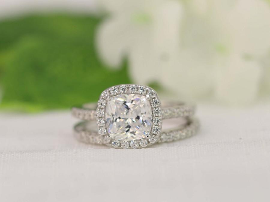 Wedding - 2.0ct Halo Engagement Ring, Wedding Ring Set, Wedding Ring, Cushion Cut Ring, Cubic Zirconia Ring, Sterling Silver