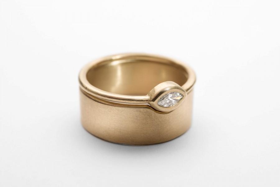 زفاف - Unique Bridal Ring Set, Solid Gold Wide Wedding Band, Marquise Diamond Engagement Ring,  Solitaire Ring 14K Solid Gold Bridal Ring.