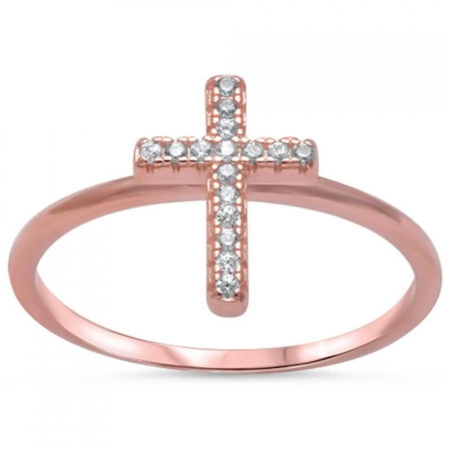 Wedding - Petite Dainty New Design Rose Gold Sideways Cross Ring 925 Sterling Silver Round Russian Diamond White CZ Sideways Cross Ring Religious Ring