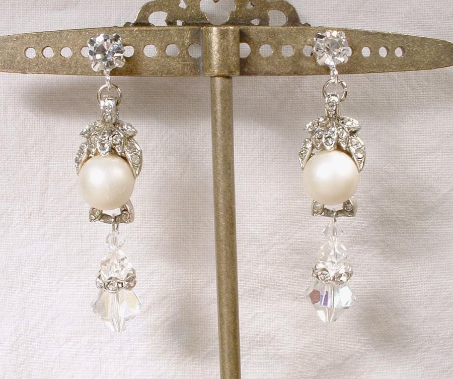 Wedding - Antique 1920s Art Deco Bridal Earrings, Silver Rhinestone Ivory Pearl Drops, Vintage Paste Crystal Dangle Statement Great Gatsby Assemblage