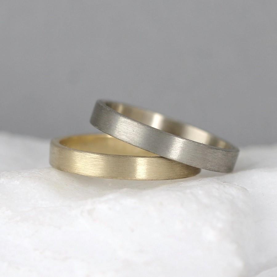 Wedding - 3mm 14K Gold Wedding Band – Men’s or Ladies Wedding Rings – Matte Finish – Yellow or White Gold – Commitment Rings – Classic Flat Gold Bands