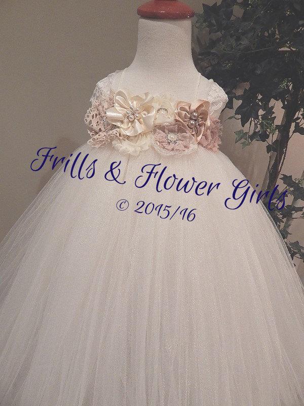 Hochzeit - Ivory and Champagne Hand-made Shabby Flower Tutu Dress for Flower Girls Sizes 18 Mo up to Girls size 5