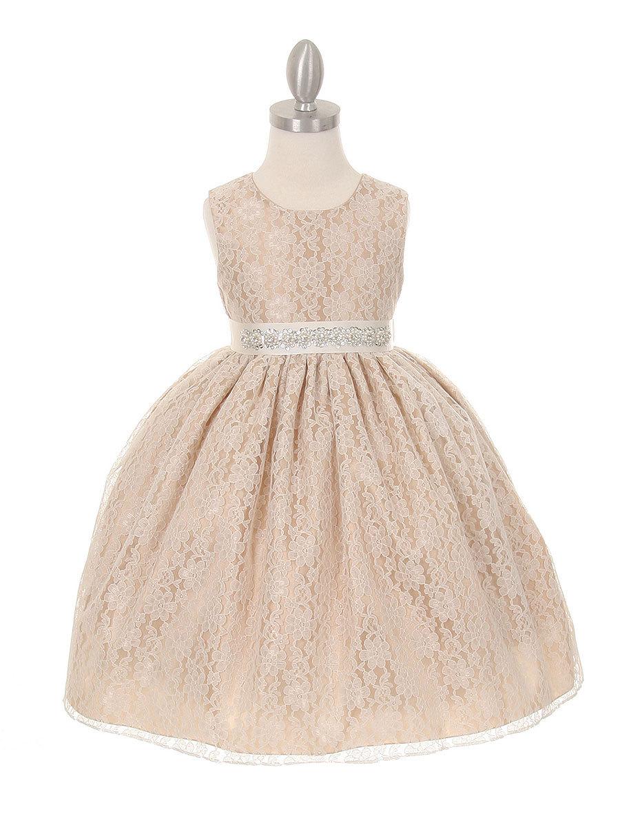 Wedding - Solid Lace Flower Girl Dress With Removable Rhinestone Belt