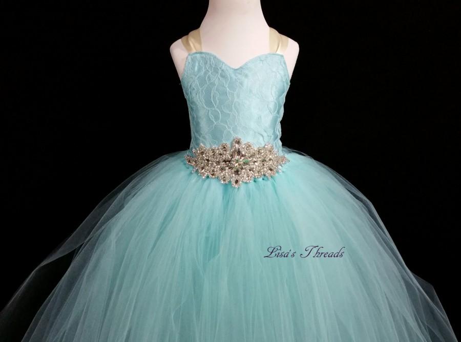 زفاف - Aqua lace corset & rhinestones belt flower girl dress/ Junior bridesmaids dress/ Wedding flower girl