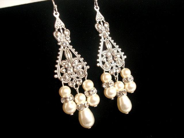 زفاف - Crystal Bridal earrings, Pearl Wedding earrings, Wedding jewelry, Chandelier earrings, Antique silver earrings, Vintage style earrings