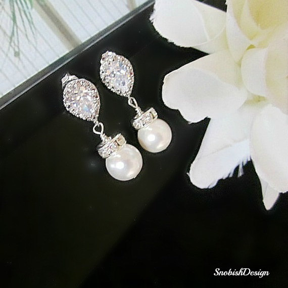 Hochzeit - Cubic Zirconia Bridal Earrings, Swarovski Pearl Wedding Earrings, Rhinstone Crystal Earrings, Bridal Jewelry, bride, Bridesmaid Jewelry