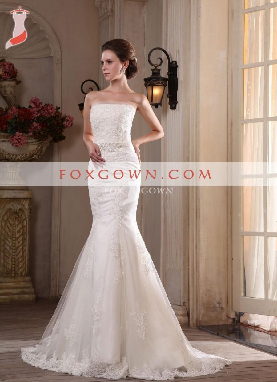 Wedding - Strapless Luxus passen und Flare Stock Länge Hochzeitskleid mit Sicke Taillenband - Festliche Kleider 