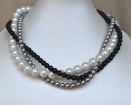 Hochzeit - multicolor  pearl Necklace,black grey white pearl necklace,Glass Pearl Necklace, Triple Pearl Necklace,Wedding Necklace,bridesmaid