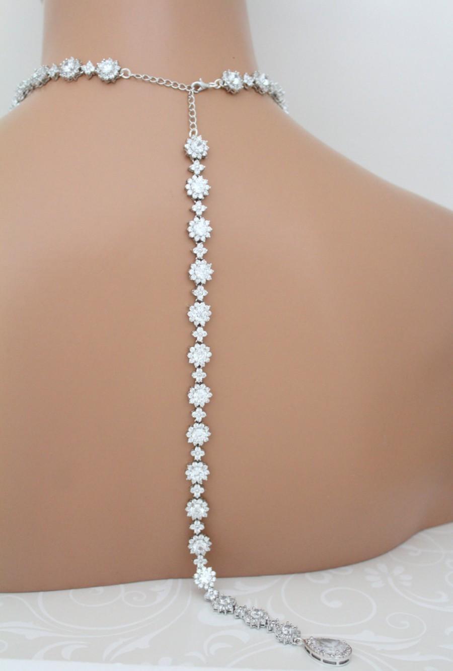 Mariage - Bridal Backdrop necklace, Crystal Wedding necklace, Long Backdrop necklace, Statement necklace, Rhinestone necklace, CZ necklace, Halo