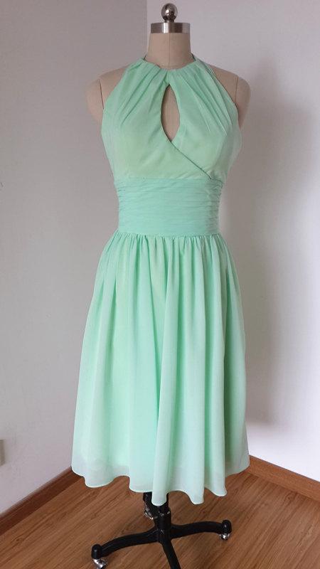 زفاف - 2015 Halter Mint Chiffon Short Front Long Back Bridesmaid Dress