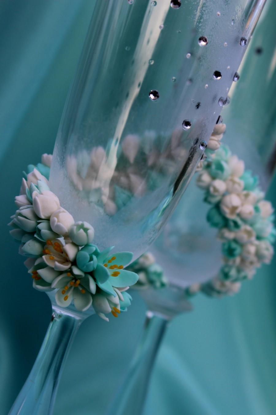 زفاف - Mint color Style Wedding Glasses, Handmade Champagne Glasses, toasting glasses, toasting flutes for bride and groom, wedding ceremony
