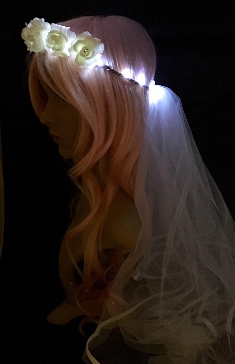 Свадьба - Mini Rose Bridal Veil LED Flower Crown, perfect for bachelorette parties, festival weddings, night ceremonies, wedding receptions,