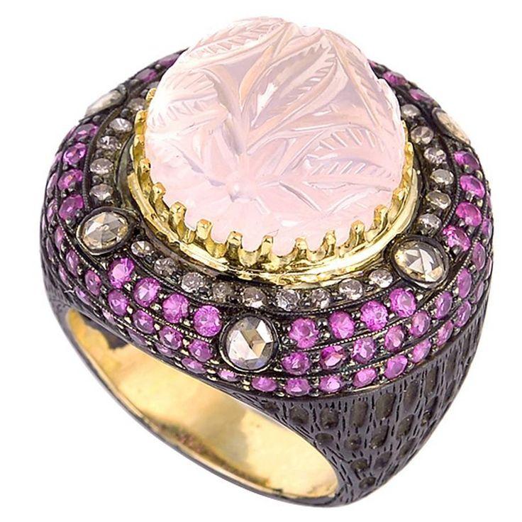 Hochzeit - Rose Quartz Ruby Diamond Silver Gold Ring