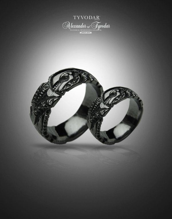 Wedding - BLACK GIGER - Biomechanical Wedding Bands, gothic silver ring, Anatomical ring / Steampunk / Biomechanics / Giger / Men ring/ Men gift