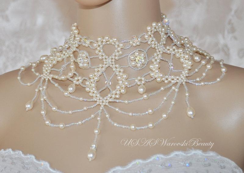 Hochzeit - Wedding Bridal Bridesmaid Wedding Swarovski Choker Crystal Pearl Jewelry Collier Necklace Gatsby  1920's Old Hollywood Mylene Farmer style