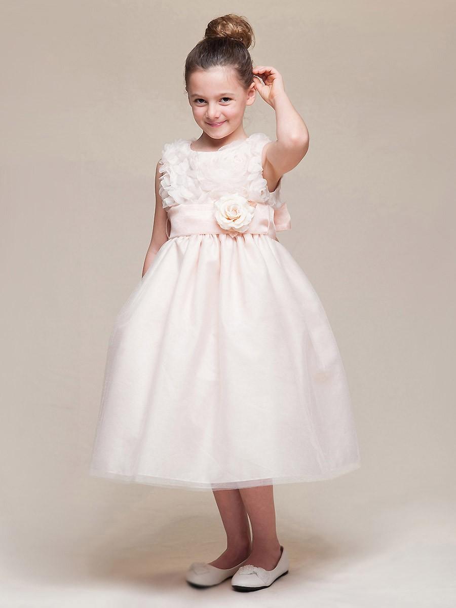 زفاف - Peach Floral Ribbon Bodice & Tulle Skirt Dress w/Flower & Sash Style: D965 - Charming Wedding Party Dresses