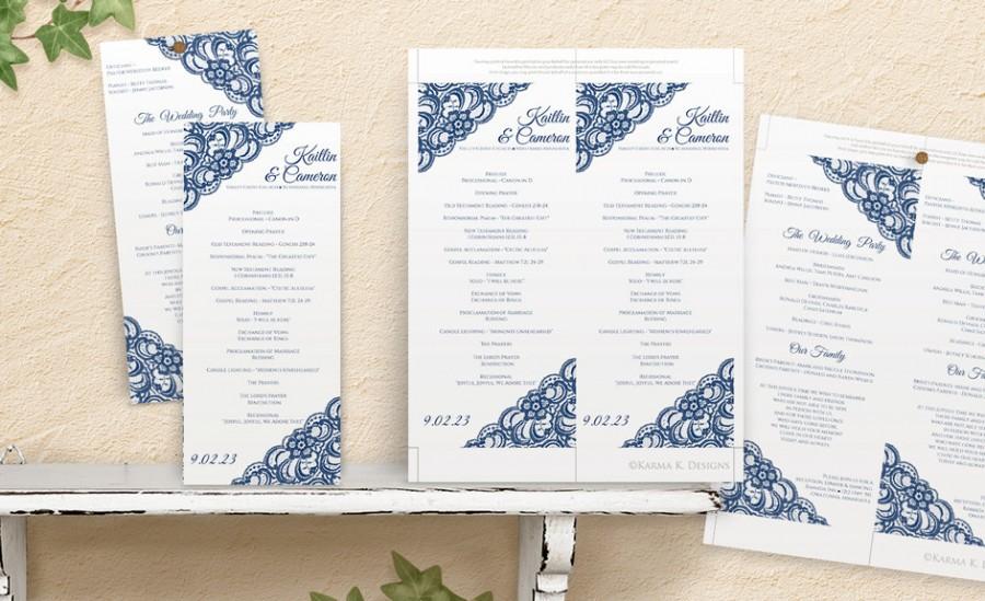 Свадьба - DiY Rustic Wedding Program Template - DOWNLOAD Instantly - EDITABLE TEXT - Vintage Lace (Light Navy) Tea Length - Microsoft® Word Format