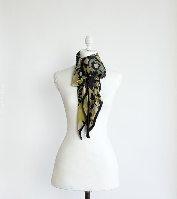 Свадьба - Camouflage Silk Scarf In Black, Sage, Brown And Cement, Black Trim, Silk Triangle Scarf