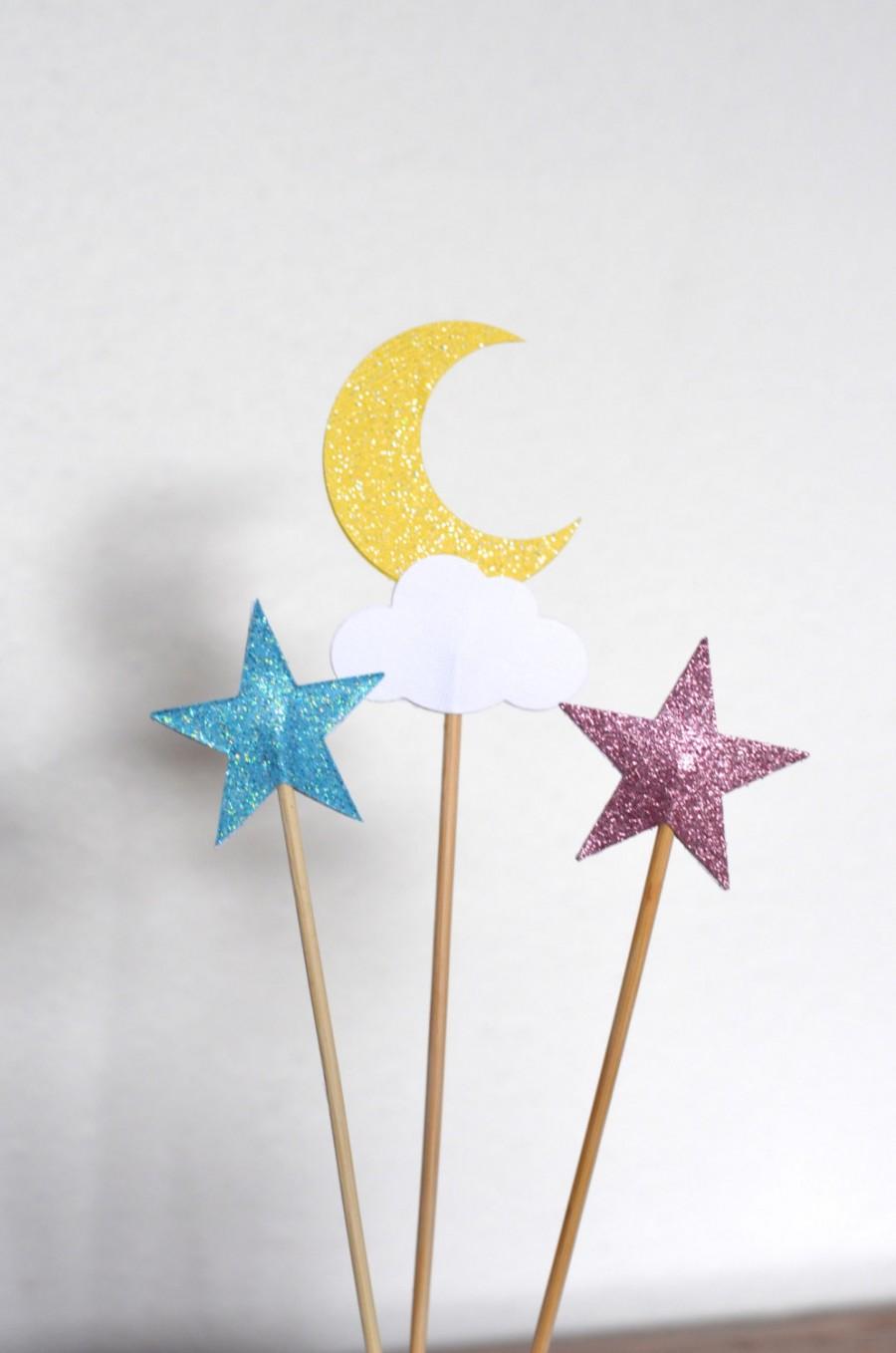 زفاف - Twinkle Little Star Dessert Picks, moon, cloud and blue and pink stars with custom colors available