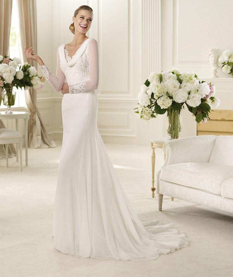 زفاف - Charming A-line Long Sleeve Buttons Lace Sweep/Brush Train Chiffon Wedding Dresses - Elegant Evening Dresses