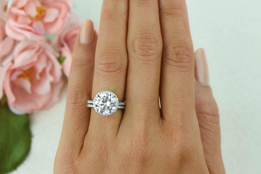 Hochzeit - 4.25 ctw Round Halo Wedding Set, Classic Halo Engagement Ring, Man Made Diamond Simulants, Half Eternity Ring, Bridal Ring, Sterling Silver