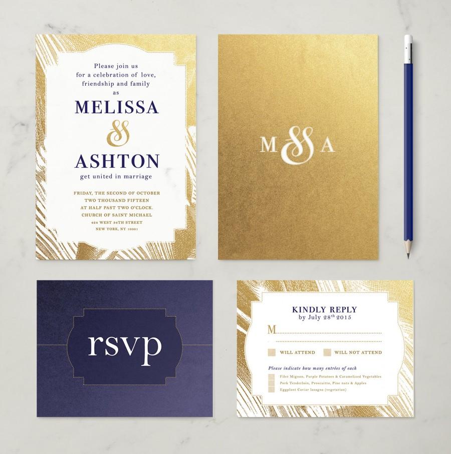 Wedding - Elegant Gold and Navy Wedding Invitation with RSVP - Gold Foil Classic Wedding Invites