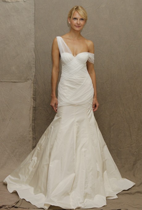 Wedding - Lela Rose - Spring 2013 - Satin and Organza A-Line Wedding Dress with Illusion V-Neck Straps - Stunning Cheap Wedding Dresses